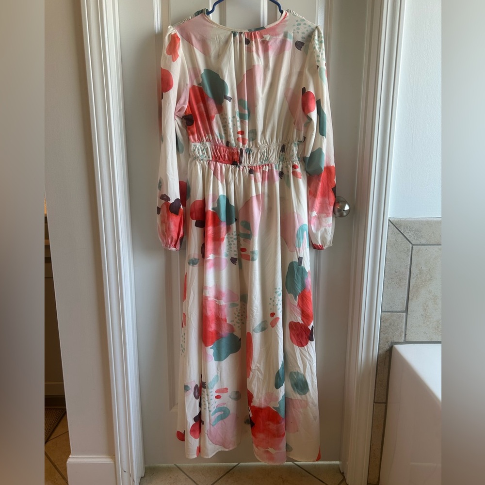 SUMMER SALE Women’s Floral Abstract Maxi Dress - Cream with Coral & Teal - Large - Picture 4 of 4